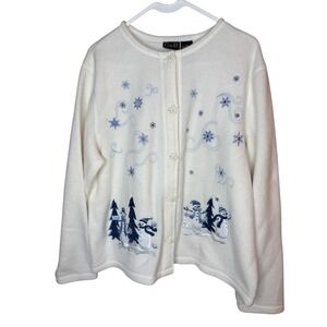 Vintage Cream Snowman Penguin Winter Fleece Cardigan Sweater L Embroidered